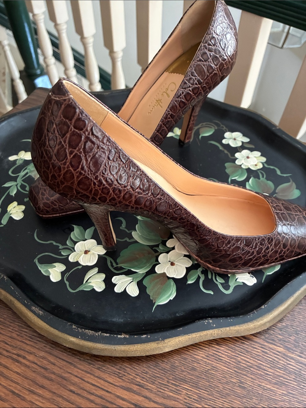 Cole Haan Croc-Embossed Dark Brown Leather Pumps